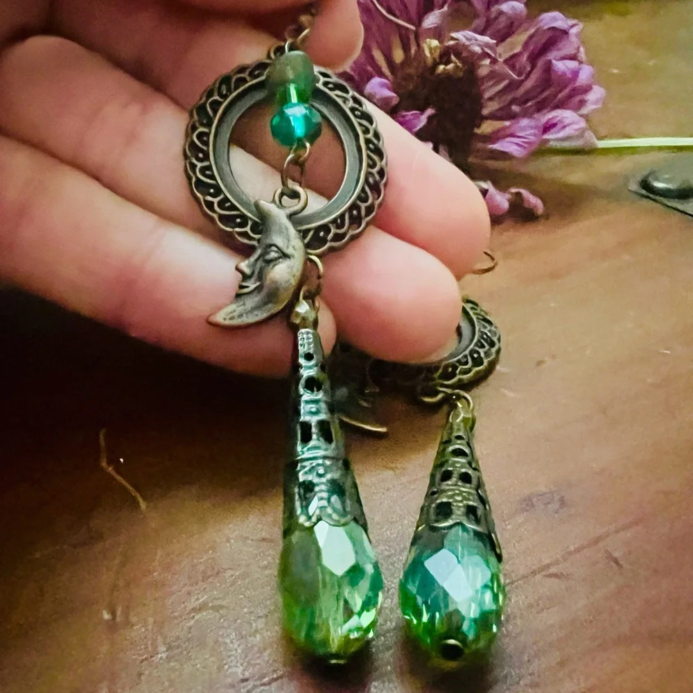 Moon in Green Gatsby Crescent Moon Dangle Earrings - Picture 2 of 3